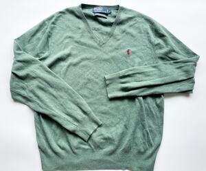 Men's Polo Ralph Lauren Green V-Neck Pima Cotton Sweater Size Large